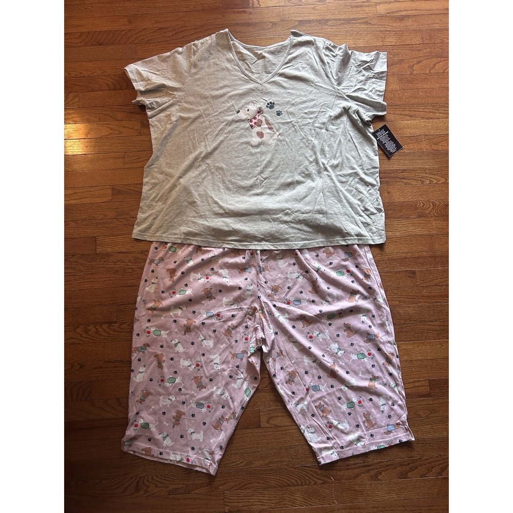 Dreams & Co Womens Plus Size 3X Pajama Set Gray Pink Dog Print Capri PJ New